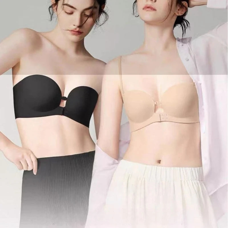 Front Closure Strapless Bras For Women Seamless Push Up Brassiere Thick Soft Underwear Solid Color Adjustable Invisible Lingerie - Matrix Studios
