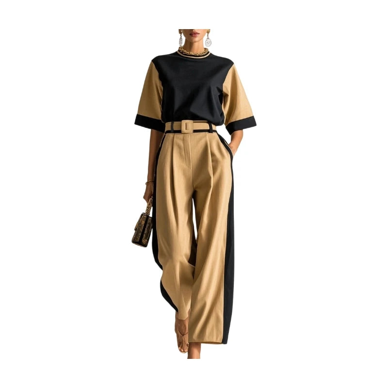 Pants Set Round Neck Mid Sleeve Color Block Top Belted High Waist Wide Leg Pants For Women Business Office Daily Commute Formal Matching Outfit - Matrix-studios.com