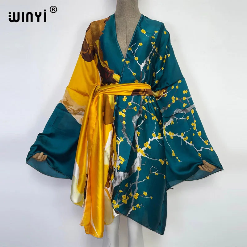 2022 WINYI Summer Beach Wear Swim Suit Cover Kaftan Sweet Lady Boho Cardigan Stitch Self Belted Sexy Holiday Long Sleeve Kimono - Matrix Studios