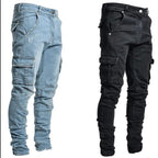 Men Street Elastic Denim Jeans Wash Solid Color Multi Pockets Cargo Pants Casual Slim Fit Daily Wear Joggers Mid Waist Trousers - Matrix Studios