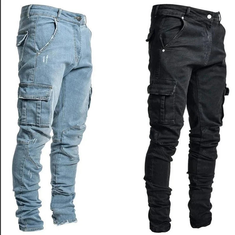 Men Street Elastic Denim Jeans Wash Solid Color Multi Pockets Cargo Pants Casual Slim Fit Daily Wear Joggers Mid Waist Trousers - Matrix Studios