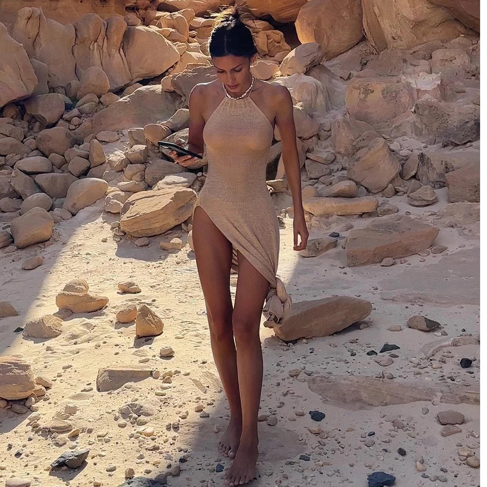 2026 Kintted Cover Up Beach Sexy See Through Maxi Slit Bodycon Summer Dress Bikinis Cover-ups  Elegant Halter Beachdress - Matrix Studios