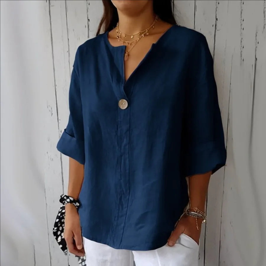 VEITCHE Spring Summer Women's Shirt Blouses Top V-neck Button Tee Shirts  3/4 Sleeve Casual Cotton Linen Top Loose Fit Pullover - Matrix-studios.com