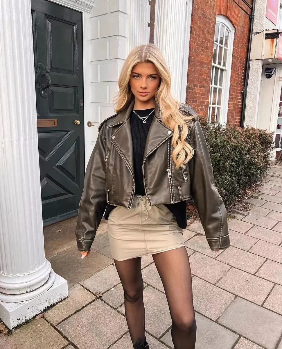 2025New Coal graysty le Women's washed leather jacket with belt, short coat with downgraded zipper and vintage lapel jacket - Matrix Studios