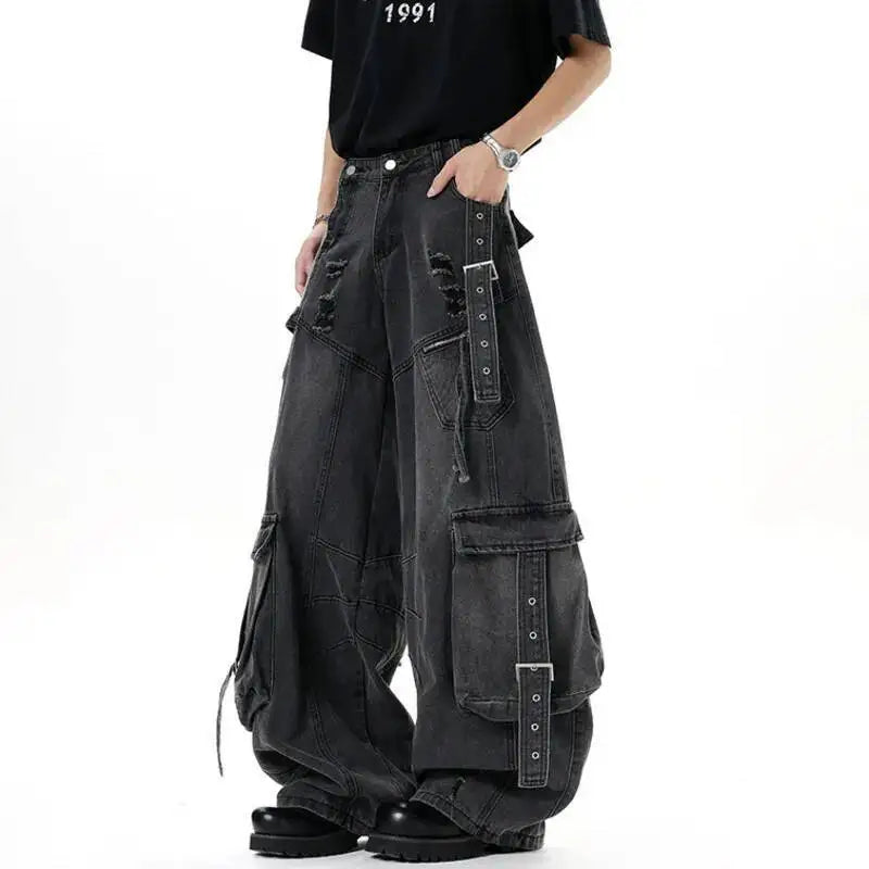 IEFB American Style Men's Jeans Solid Color Multi Pockets Casual Worn-out Trousers Deconstruction Wide Leg Denim Pants 9W4066 - Matrix Studios