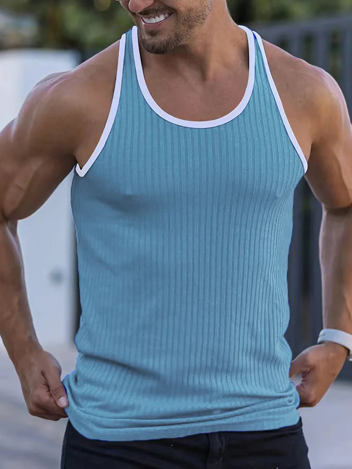 Men's quick drying elastic fitness clothes gym runningslim fit vertical stripessleeveless fashion summer new style - Matrix Studios