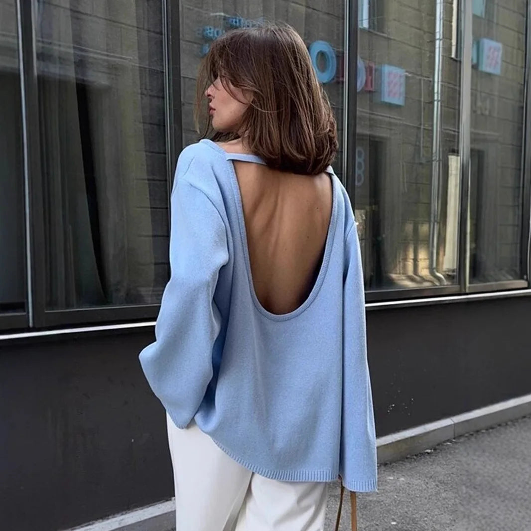 Original Backless O-neck Cotton Knit Sweater Autumn and Winter Women Simple Loose Soft Warm Elastic Daily Office Casual Sweater - Matrix Studios
