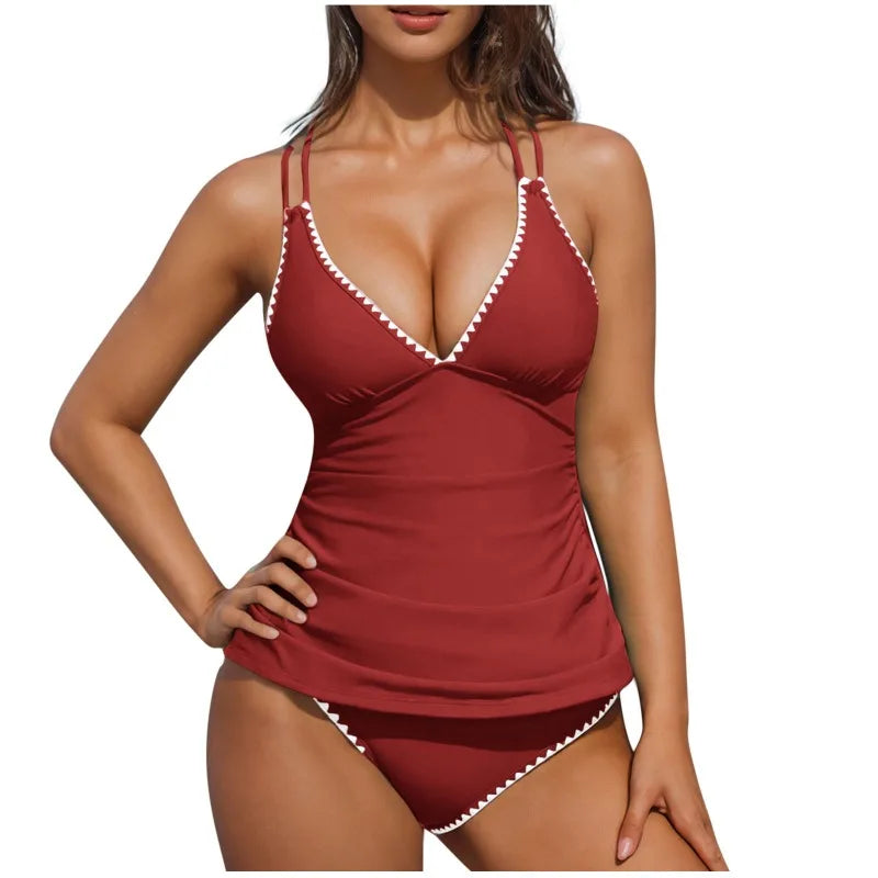 Women Tankini Swimsuit Color Block Tummy Control V Neck Push Up Top High Waisted Swim Bottom 2026 Summer Two Piece Bathing Suit - Matrix-studios.com