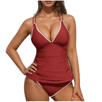Women Tankini Swimsuit Color Block Tummy Control V Neck Push Up Top High Waisted Swim Bottom 2026 Summer Two Piece Bathing Suit - Matrix-studios.com