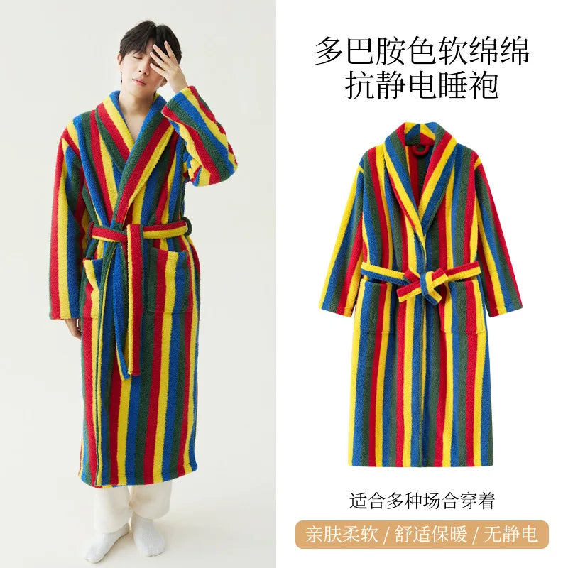 2025 New Autumn/Winter Women's Sleepwear Thick Velvet Warm Robe Couple Coral Velvet Striped Lengthed Home Clothes Bathrobe - Matrix-studios.com
