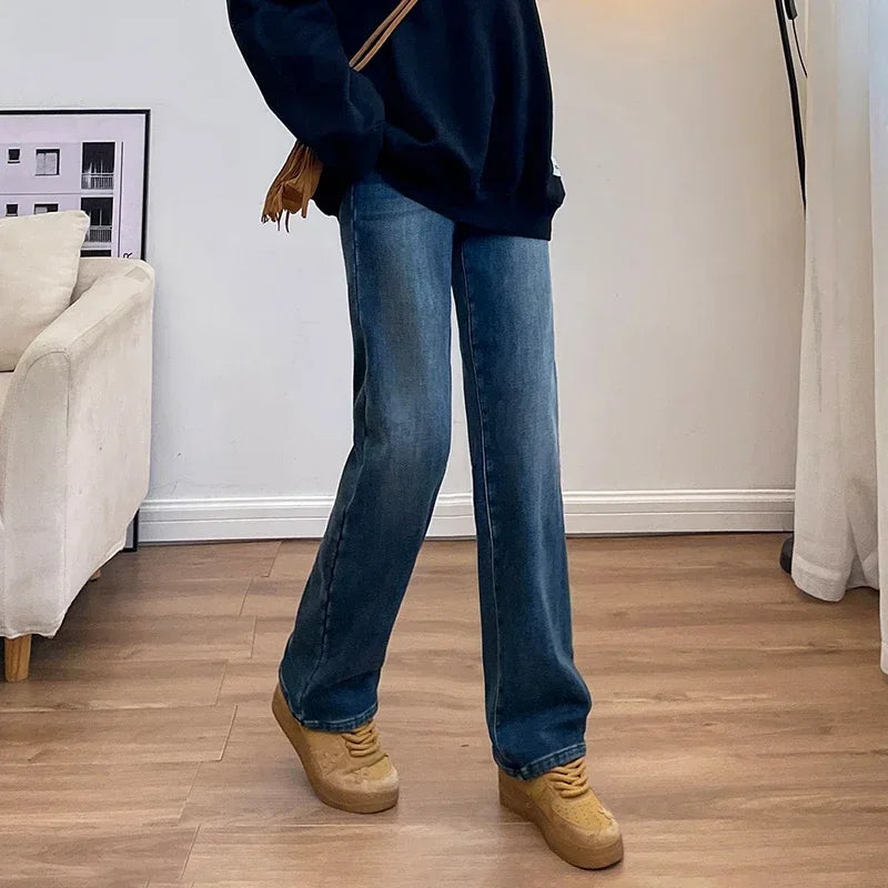 Winter Thickened Women's Mink Velvet Jeans Loose Straight Warm Soft Fleece Fashion Elastic High Waist Female Pants Black Blue - Matrix-studios.com