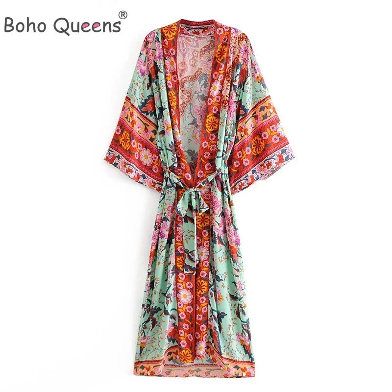 Boho Queens Women Peacock Print Bat Sleeve Beach Bohemian Kimono Robe Ladies V Neck Tassel Summer Happie Bikini Cover-ups - Matrix Studios