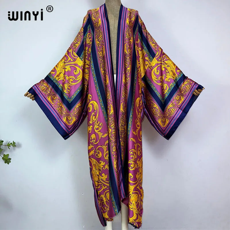 WINYI Kimono Africa Summer Boho Print Bikini Cover-up Elegant Fashion Cardigan Sexy Holiday Long Sleeve Silk Feeling Maxi Dress - Matrix Studios