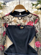 SINGREINY Vintage Embroidery Gauze Sexy Bodysuits Stand Collar Long Sleeve Playsuits Fashion Spliced Women Open crotch Rompers - Matrix Studios