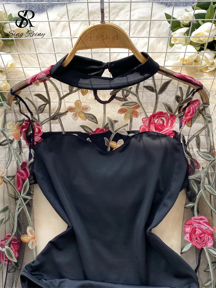 SINGREINY Vintage Embroidery Gauze Sexy Bodysuits Stand Collar Long Sleeve Playsuits Fashion Spliced Women Open crotch Rompers - Matrix Studios