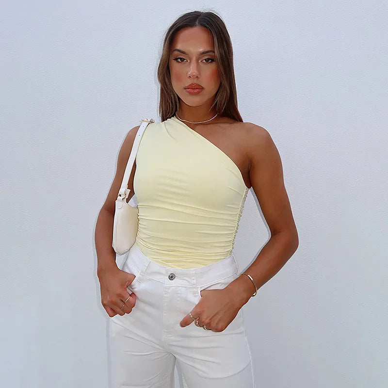 Solid Color One Shoulder Backless Shrink Tank Top T-Shirt Candy Color Tight Sexy Sleeveless Neckless Slim Casaul Top - Matrix-studios.com
