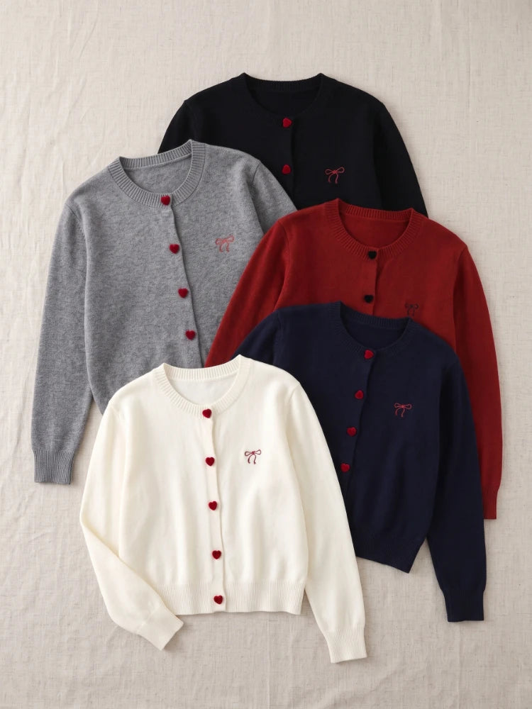 2026 Autumn O-Neck Single Breasted Heart Button Sweater Bow Embroidery Knitted Women Cardigan Korean Casual Tops Woman Clothes - Matrix Studios