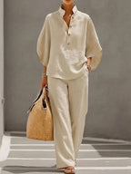 Fashion Cotton Linen  Pant Set  Women's Casual Stand Collar Button Top Wide Leg Trousers 2-piece Set Retro Female Office Suit - Matrix-studios.com