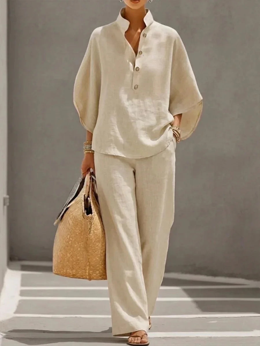 Fashion Cotton Linen  Pant Set  Women's Casual Stand Collar Button Top Wide Leg Trousers 2-piece Set Retro Female Office Suit - Matrix-studios.com