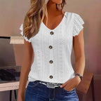 2025 Women's Sexy Tops Casual Solid Color V Neck Short Sleeve Shirts Summer Women's Button Casual Ladies Loose Fashion Blouses - Matrix-studios.com