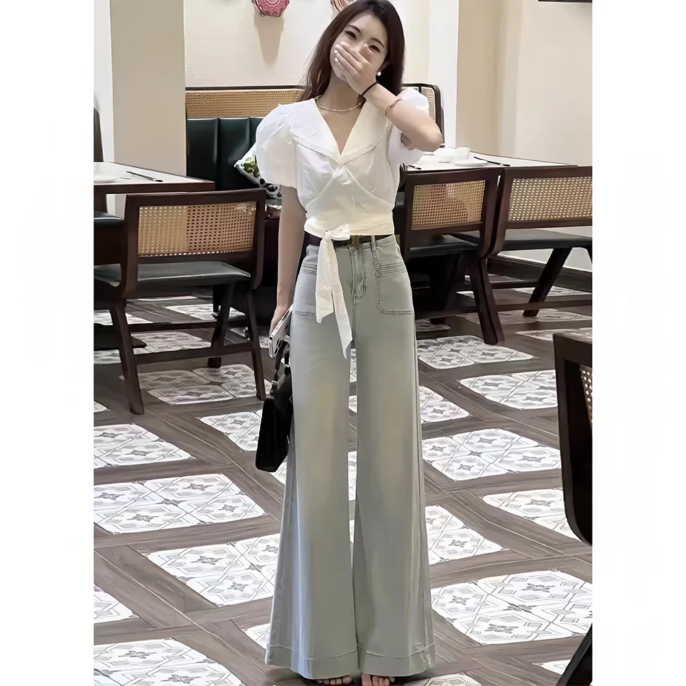 Light Wa Wide Leg Oversized Jeans Women's Small Size Loose Slimming Lazy Versatile Drapey Flared Floor-Length Trendy Pants