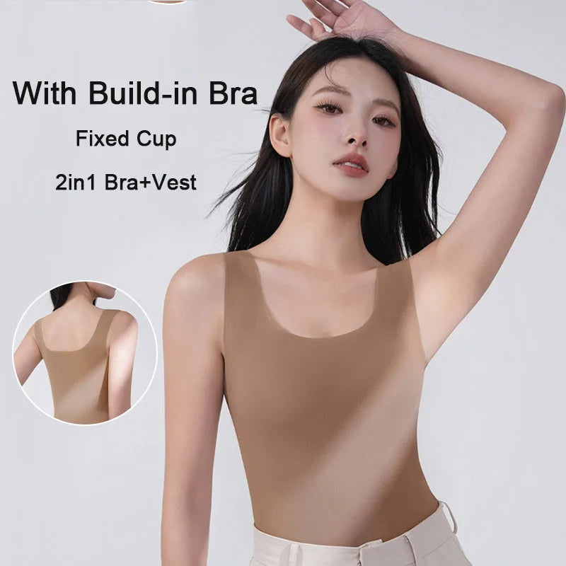 M-2XL Ice Silk Seamless One-piece Bottoming Tank Tops with Chest Pads Women Inner Outerwear Wide Shoulder Sleeveless Tops - Matrix-studios.com
