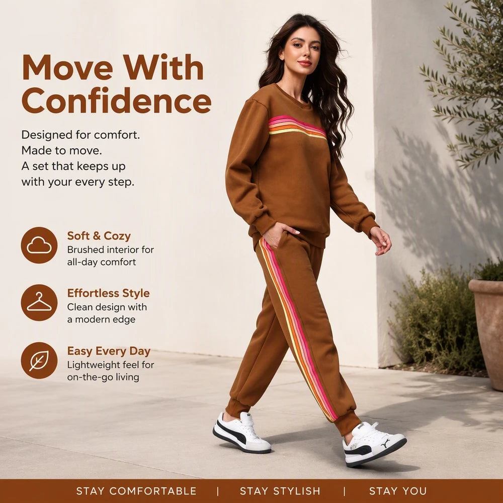 Women's 2 Piece Outfits Rainbow Stripe Sweatsuit Set Long Sleeve Crewneck Sweatshirt Pullover Top & Jogger Pants with Pockets Soft Casual Loungewear Tracksuit Oversized Relaxed Fit Matching Set for Fall Winter Streetwear