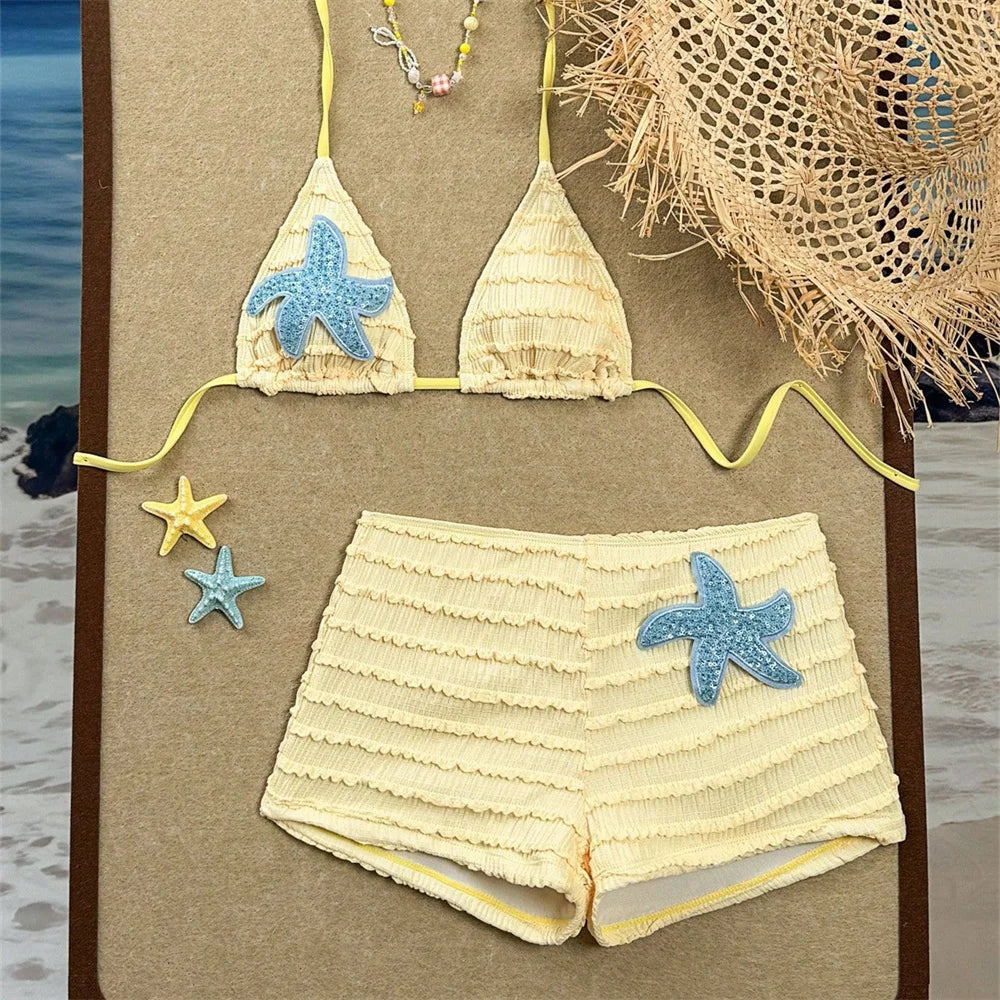 Kawaii Layered Shorts Set Bikini Sequins Star Swimsuit Women's Bikinis and Tankinis Backless Vacation Swimwears Beachwear Outfit - Matrix-studios.com