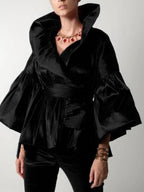 Casual Puff Long Sleeve Ruffles Blouse Office Lady Solid Color Women Wrap Shirts Lapel Collar Elegant Shirt Woman Fashion Female - Matrix-studios.com