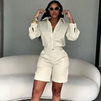 Doyerl Solid Elegant Fashion Two Piece Set Women Clothing Casual Long Sleeve Shirt Top and Shorts Matching Sets Ensembles Femme - Matrix-studios.com