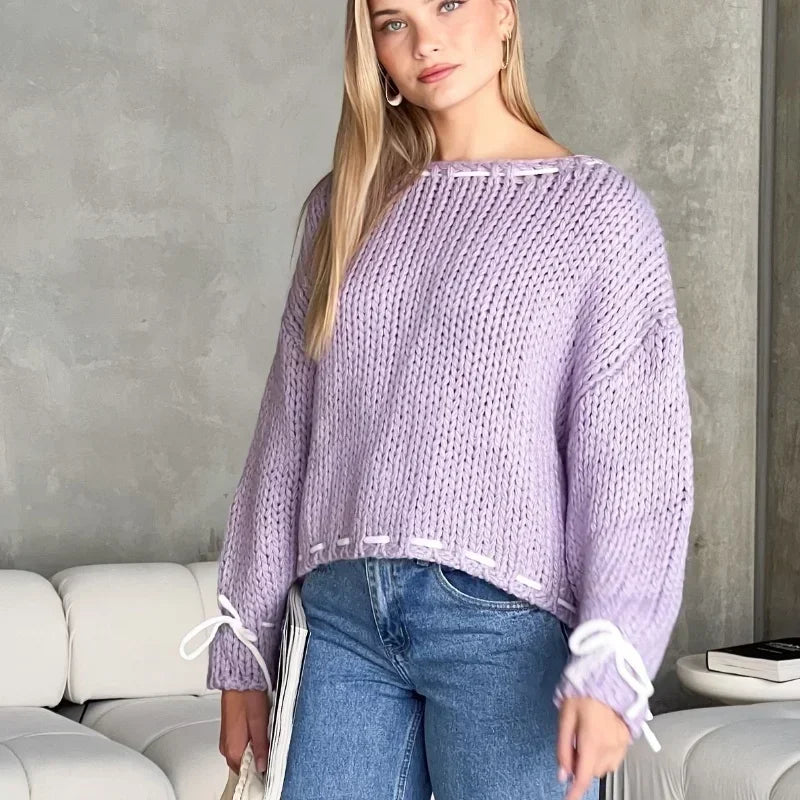 2024 Autumn Winter New Lace Up Knitted Sweater Women Y2K Long Sleeved Pullover Sweaters Female Fashionable Loose Knitwear Tops - Matrix Studios