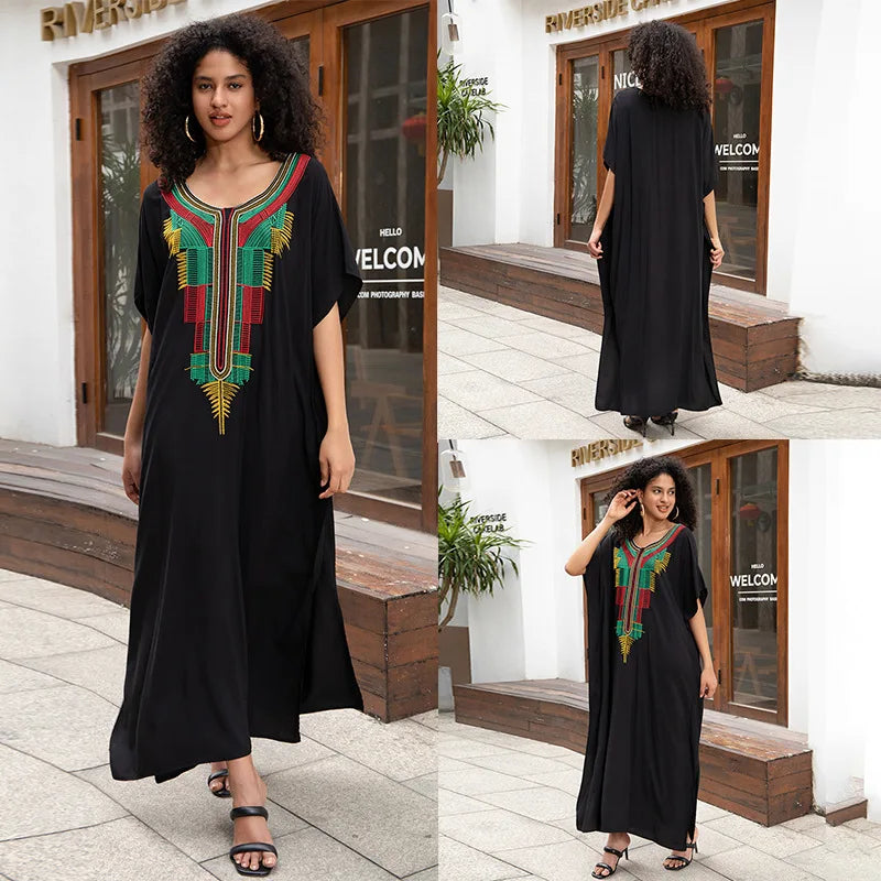 Swimsuit Cover Ups Embroidery V Neck Short Sleeve Swim Cover Up for Women Kaftan Dresses - Matrix Studios