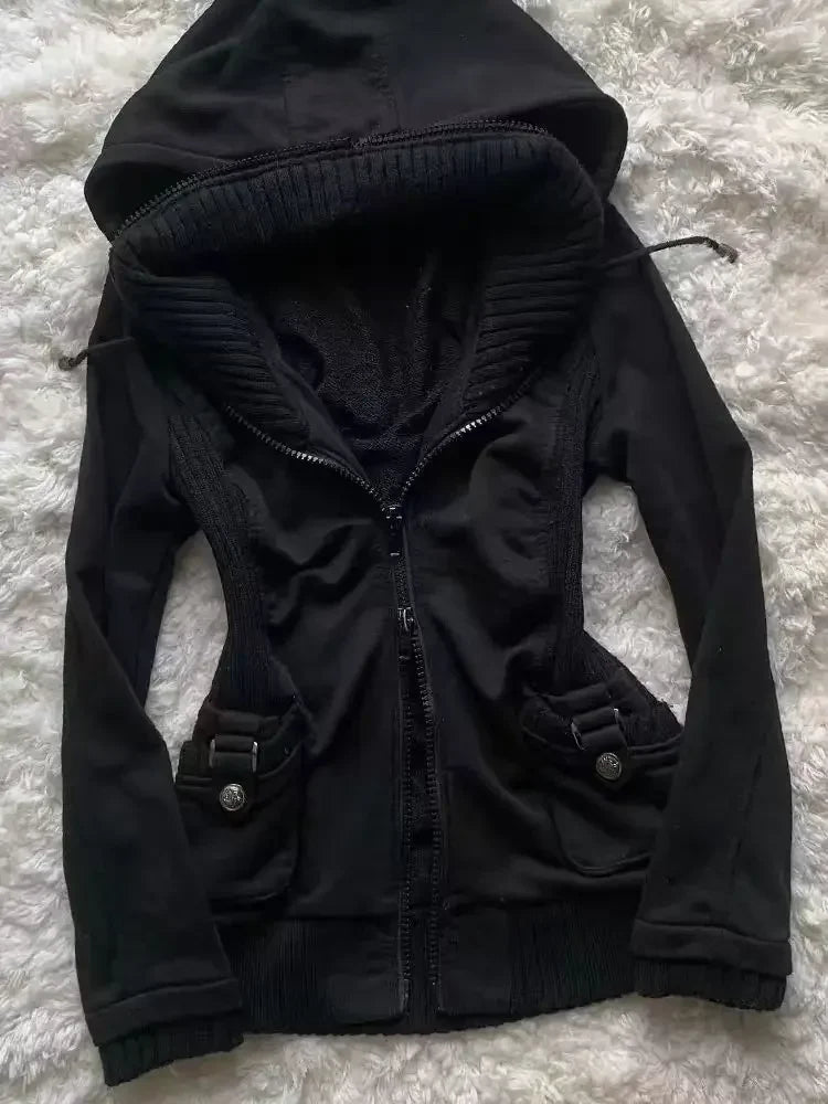 Black Fashion New Trend Women Casual Hoodie Retro Gothic Sweatshirts Hip Hop Punk Style Multifunctional High Street Cardigan