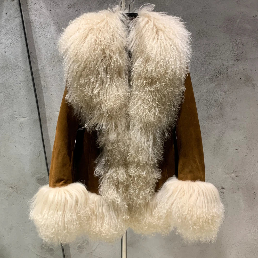 Sheep Fur Leather Coats Women Winter Luxury Mongolian Fur Leather Jackets with Long Sleeve with Natural Mongolian Fur 7251 - Matrix Studios