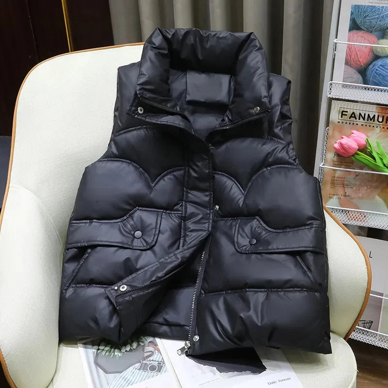 Down Cotton Vest Women 2025 New Autumn Winter Fashion Stand Collar All-Match Warm Sleeveless Waistcoat Jacket Ladies Female Tops - Matrix Studios