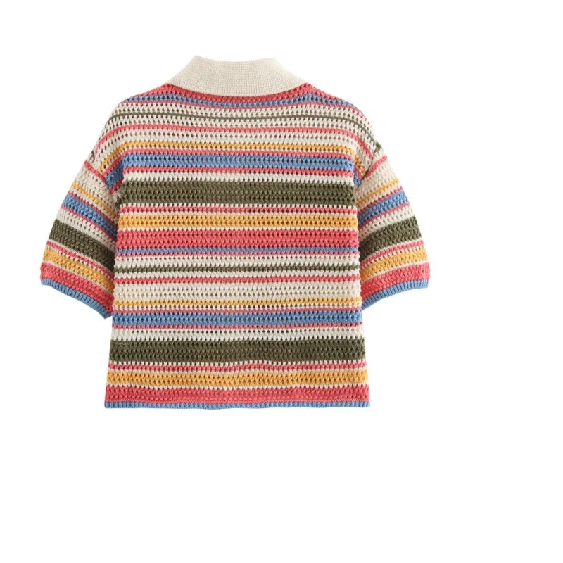 Women Patchwork Striped Hollow Out Crochet Knitted Crop Sweater Shorts Set Short Sleeve Polo Collar Sweater Knit Shorts Suit Y2K - Matrix-studios.com