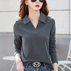 New Women Spring Summer Long Sleeve Cotton T-shirt Fashion Turn-down Collar Loose Polo Tees Simplicity Casual Basic T-shirt - Matrix-studios.com