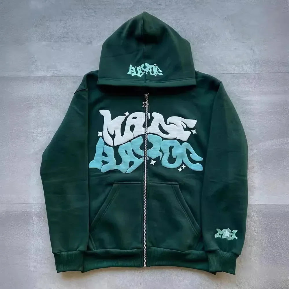 Zipper hooded sweatshirt with retro American letters suitable for men and women wearing Y2K jacket autumn/winter cardigan - Matrix Studios