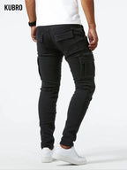 Street Elastic Jeans Men Denim Cargo Pants Wash Solid Color Multi Pockets Casual Mid Waist Trousers Slim Fit Daily Wear Joggers - Matrix Studios