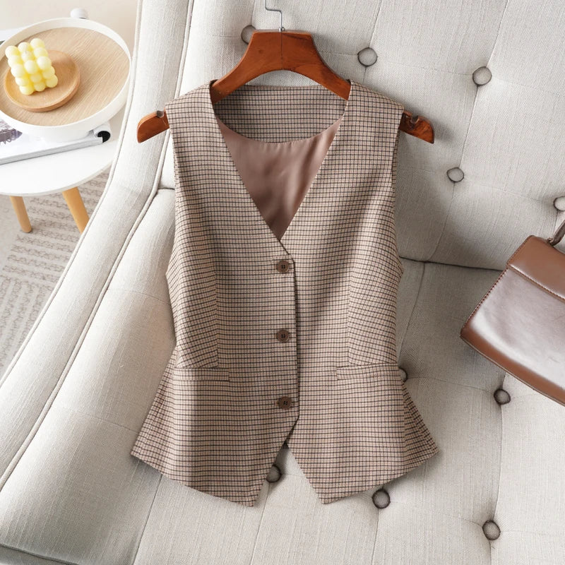 Checkered Short V-Neck Single Breasted Vest for Women in Spring and Autumn Fashionable and Slimming for the Workplace Interior a - Matrix Studios