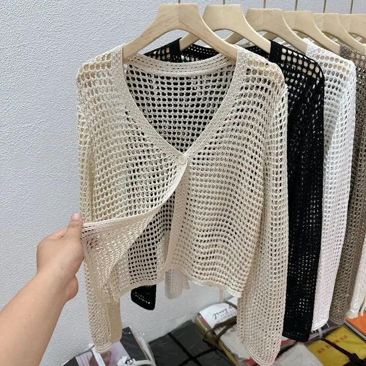 Single Button Crochet Mesh Cardigan for Women Semi Sheer Openwork Sunscreen Jacket Cover Up Summer Hollow-out Knitted Cardigan - Matrix Studios