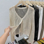 Single Button Crochet Mesh Cardigan for Women Semi Sheer Openwork Sunscreen Jacket Cover Up Summer Hollow-out Knitted Cardigan - Matrix Studios
