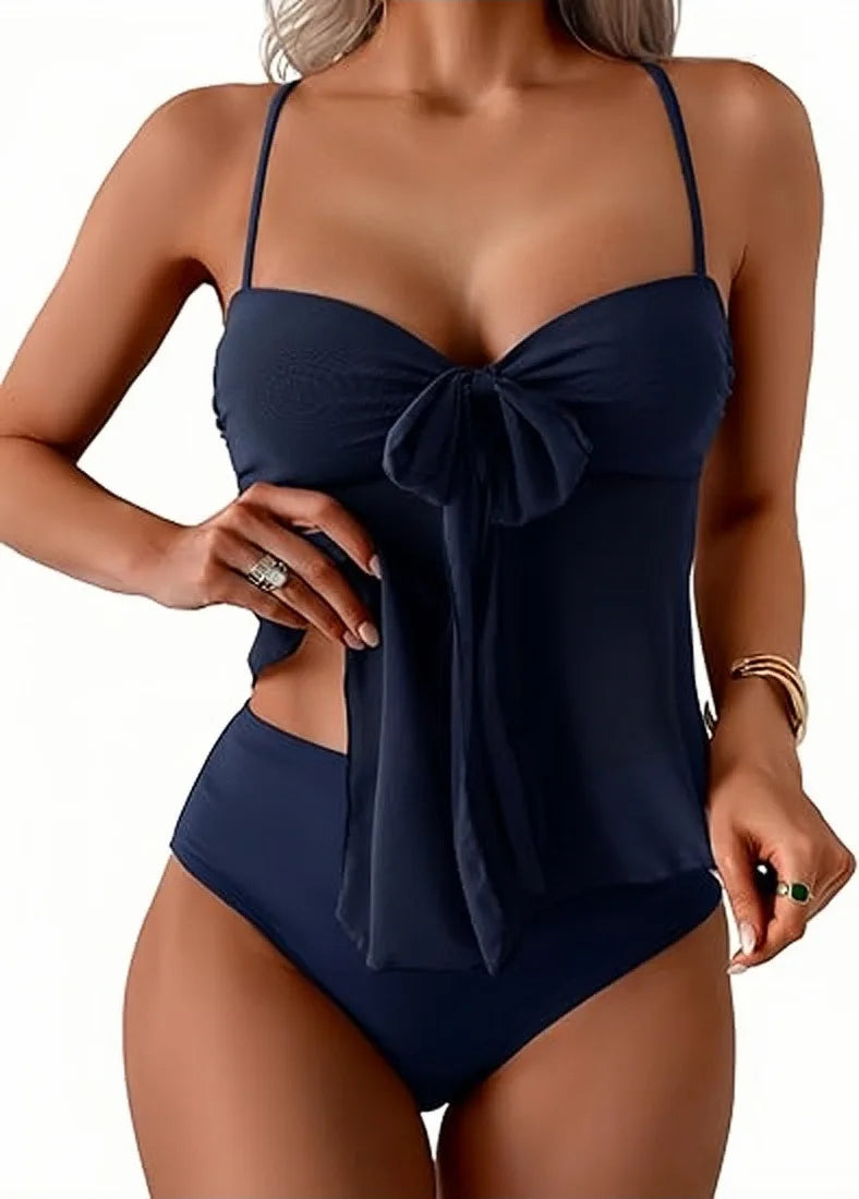 Women Solid Front Bow Chiffon Bikinis Set 2 Piece Tankini Swimsuit Strapless Bandeau Spaghetti Strap High Cut Beach Swimwear - Matrix-studios.com