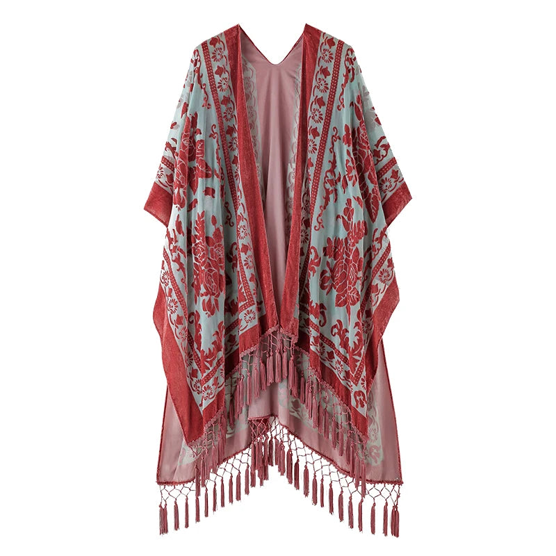 WeHello Fashion bohemian Women's Burnt Plush Kimono Long Cardigan With Tassel Beach Cover-up Holiday Cardigan Shawl - Matrix Studios