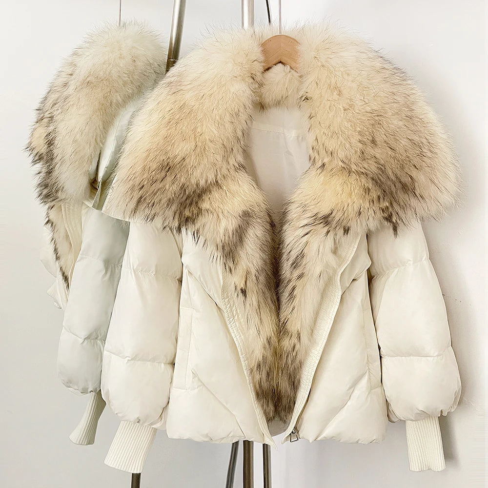 OFTBUY New Winter Large Real Fox Raccoon Fur Puffer Coat Women Oversized Feather Down Parka Knit Sleeve Duck Down Jacket Female - Matrix Studios