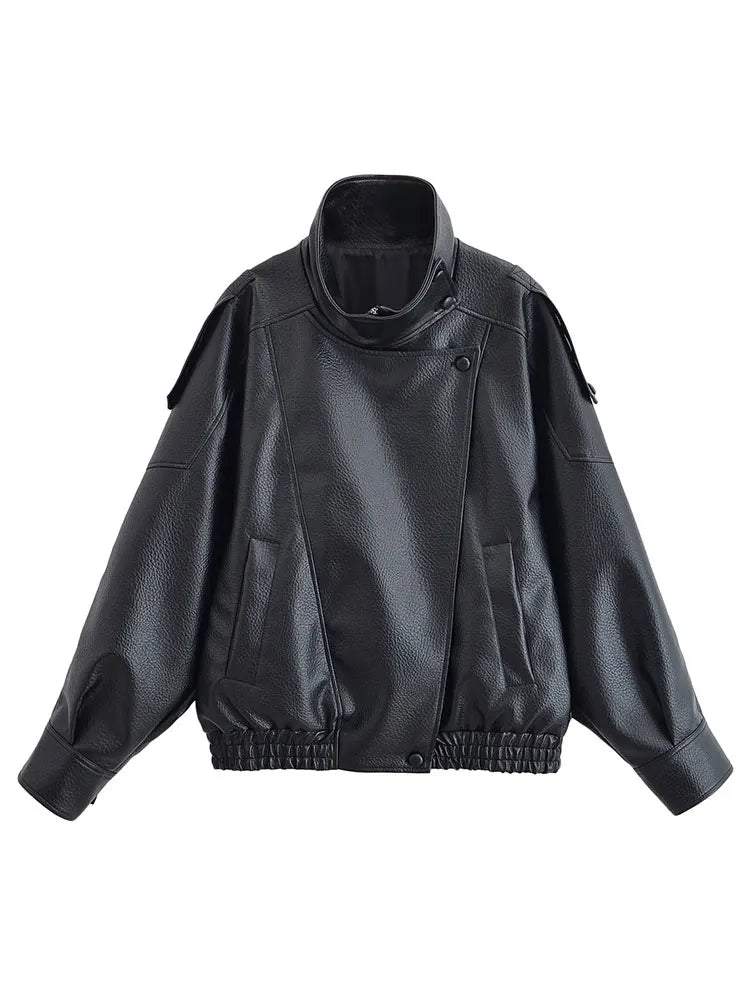 HH Autumn Faux Leather Jacket For Women Casual Solid Long Sleeve Zipper Pu Leather Coats New Fashion Female Streetwear - Matrix Studios