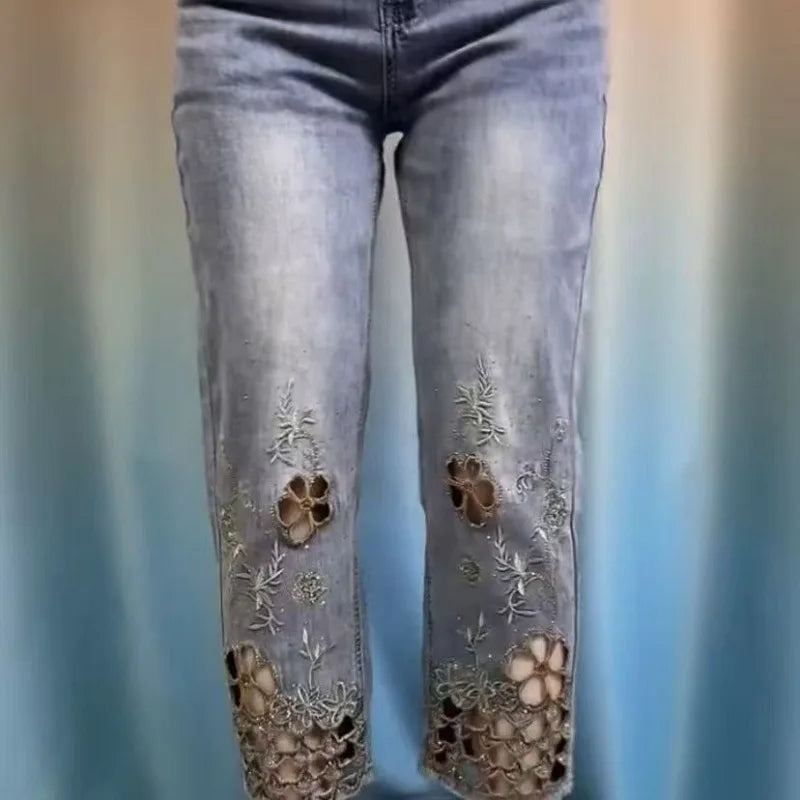 women High end hollowed out embroidered denim eight cigarette tube pants 2026 new summer thin high waist stylish denim tube pant - Matrix-studios.com
