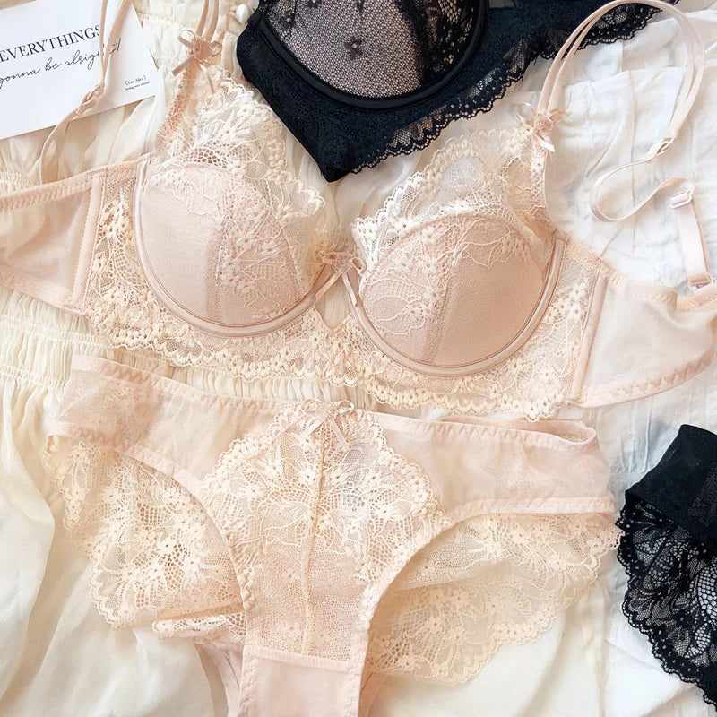 New Women Lingerie Set Sexy Lace Push Up Bra French 3/4 Thin Cup Bralette Cute Bow Decoration Underwear Comfort Bras Briefs Sets - Matrix Studios
