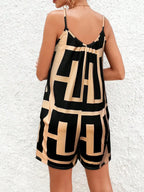 Women's All-Over Print Sleeveless Jumpsuit - Round Neck Strappy Romper, Vacation Beach Outfit, Flowy Summer Short Jumpsuit - Matrix Studios