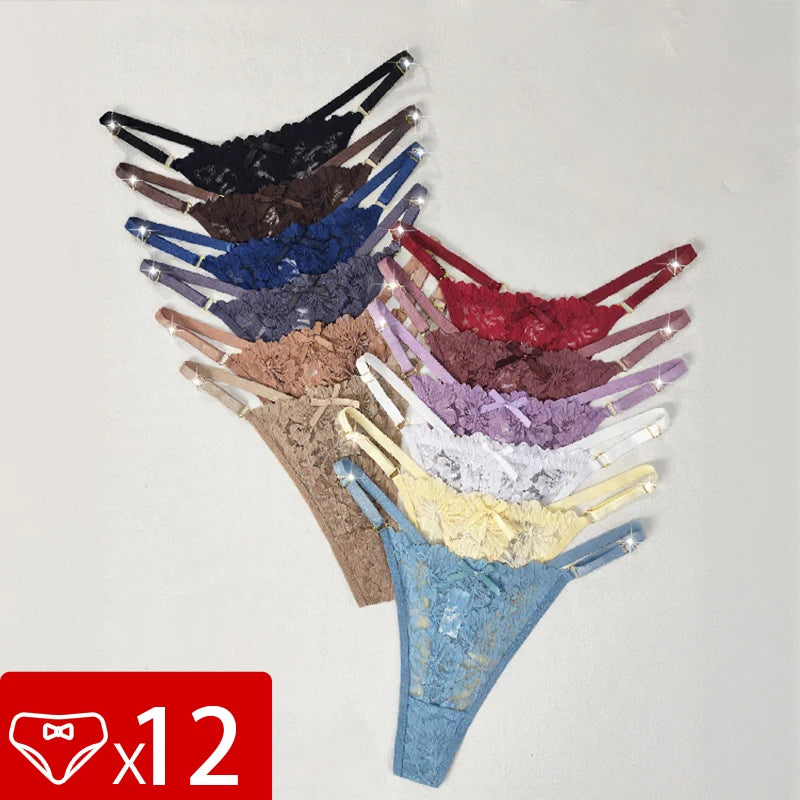 12pcs/Set Low Rise Sexy Women's G-string Breathable Comfortable Female Lingerie Erotic Elegant Lady Thongs Underwear Panties - Matrix Studios